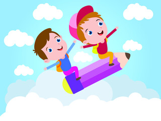 Happy little male student flying on a pencil at the sky. Children flying on a pencil
