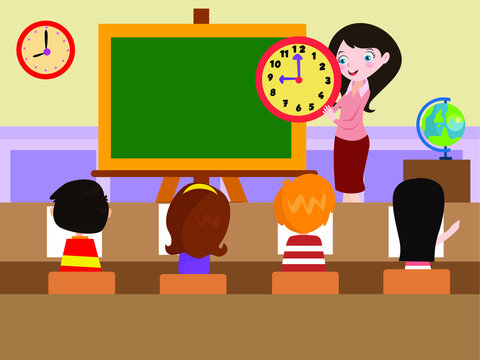 Education vector concept. Female teacher teaching about time to elementary school students in the class