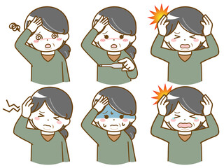 頭痛がしている太った中年女性