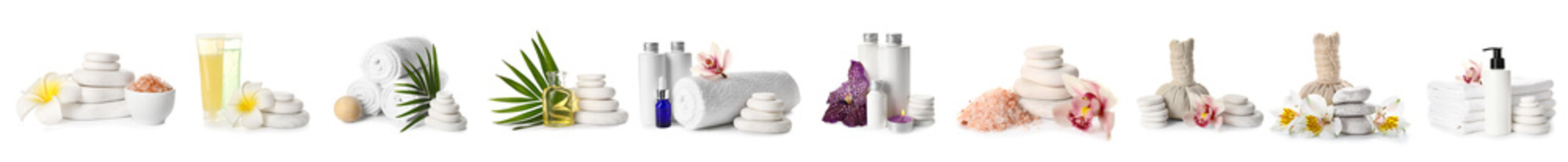 Set of spa supplies on white background