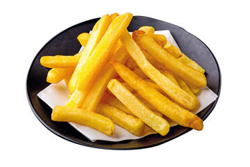 Pile of french fries placed on food oil blotting paper on black plates isolated on a white background.