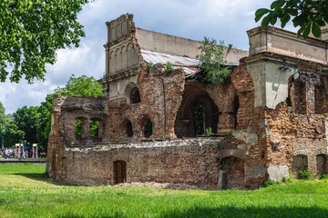 Brody, Ukraine - june, 2021: The ruins of The Old fortress synagogue of Brody "Brody Kloiz", Lviv region of western Ukraine. 