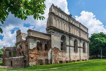 Brody, Ukraine - june, 2021: The ruins of The Old fortress synagogue of Brody "Brody Kloiz", Lviv region of western Ukraine. 