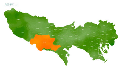 水彩風の地図　東京都　八王子市