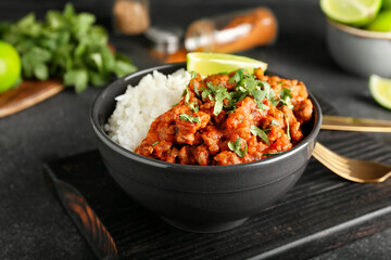 Bowl with tasty chili con carne, rice and lime on dark background, closeup