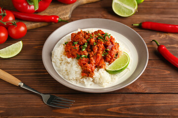 Plate with tasty chili con carne, rice, lime and vegetables on wooden background