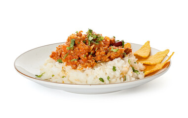 Plate with tasty chili con carne, rice and nachos on white background
