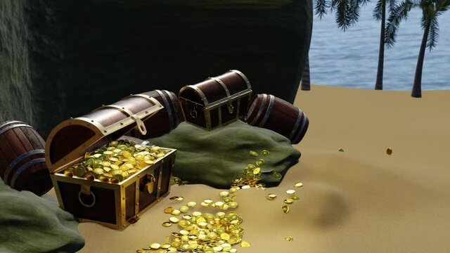 Gold coins are scattered from boxes or treasure chests. wooden treasure chest put on the beach at a deserted island in the theme of Pirate treasure. 3D rendering