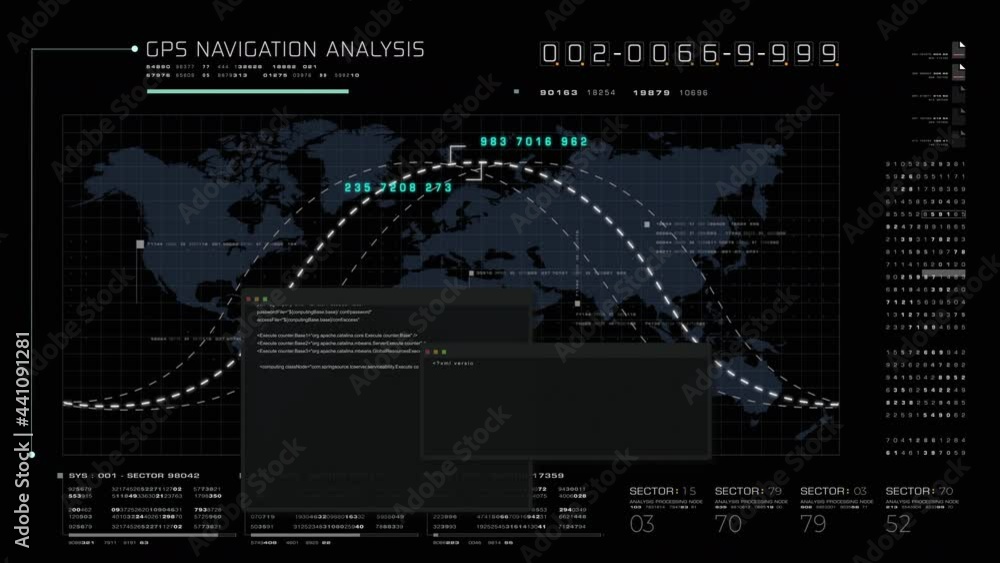 Poster Futuristic global satellite GPS communication networks for broadband internet connections between cities around the world with matrix particles continent map for head up display background
