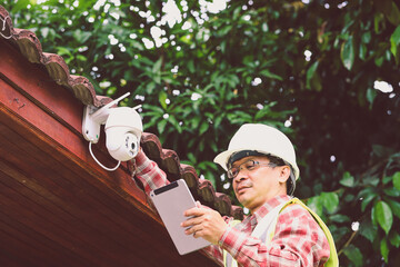 Technician security camera IP  wireless CCTV installing security equipment water proof cover to...