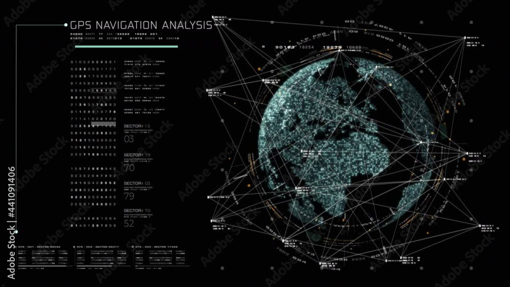 Poster Futuristic global satellite GPS communication networks for broadband internet connections between cities around the world with matrix particles continent map for head up display background