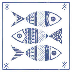 Vector modern folk abstract fishes illustration in scandinavian hygge stile with ethnic ornaments. Perfect print for cozy home decor, restaurant branding,nordic, fairy tale, viking culture designs.
