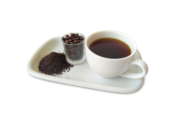 Black coffee and coffee beans on a white background with a clipping path