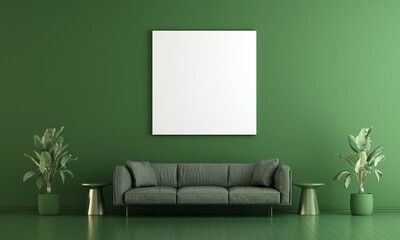 Living room interior decoration and empty canvas frame on green wall pattern background, 3D rendering