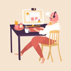 The girl works at home at the table. Streaming, computer, player, podcast, video creation, freelancer, webinar, lifestyle, cozy office, cup of tea, coffee, woman, female. Vector illustration. 
