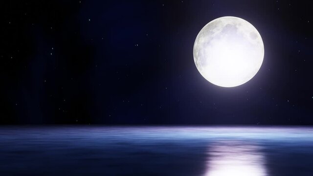 The golden yellow full moon is reflected in the sea. The shadow of the island in the ocean The sky has many stars. Ripples on the sea at night.3D Rendering