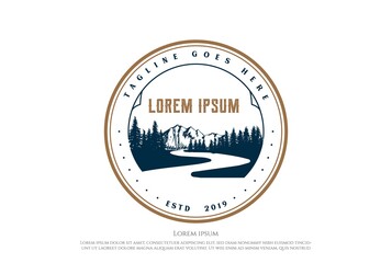 Vintage Retro River Creek Mountain Pine Cedar Spruce Tree Forest Logo Design Vector