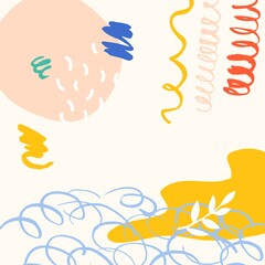 Memphis style for social media, post, story, web, paper, print, card design. Vector illustration. Line, points, spots, simple shapes, primitive. Space for text.