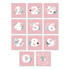 Set with Numbers. Elegant compositions. Floral decor, plants, flowers, branches. Vector illustration. Print, sticker, card design.  Simple modern, contemporary style. 1, 2, 3, 4, 5, 6, 7, 8, 9, 0.