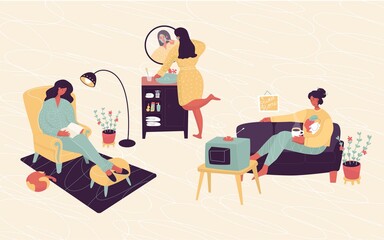 Set with home casual situations. Woman is reading with cat, girl is watching tv, girl is making face mask. Vector illustration. Everyday actions, daily routine, habits, stay home, relax, lifestyle.