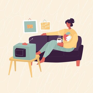 Girl, woman watches tv on sofa with cup of coffee. Sweet home pictures on the wall. Isolated Vector illustration. Poster, print, card design. Stay home, quarantine, leisure, resting, self educating. 