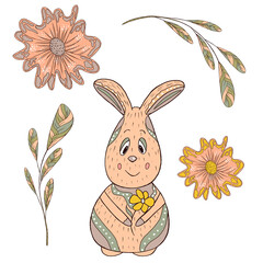 Fototapeta premium Cute woodland bunny dooodle, flowers, branches with leaves, colorful nursery design elements, cute character, kid's illustration