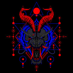 Devil Tiger Mascot Logo with sacred geometry black background can use for gaming and e-sport logo