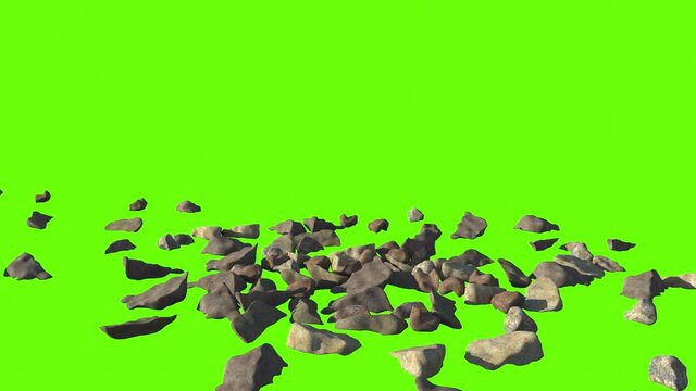 animation rocks falling to the ground, 3d render green screen
