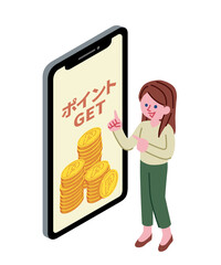 スマホでポイントをゲットしている女性のイラスト