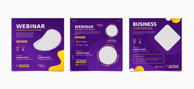 Set of webinar business for social media post. Modern poster, brochure digital banner template on square size