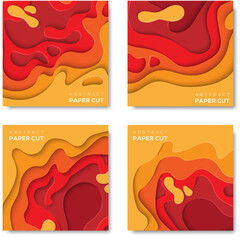 Set of square banners templates with yellow-red paper cut shapes. Bright summer modern abstract design. Vector Illustration.Social media post banner.