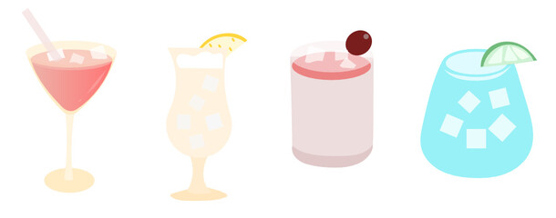 4 cocktail glasses minimal vector illustration. Four refreshing cocktails with ice dubes and lemon. Set of alcoholic drinks.