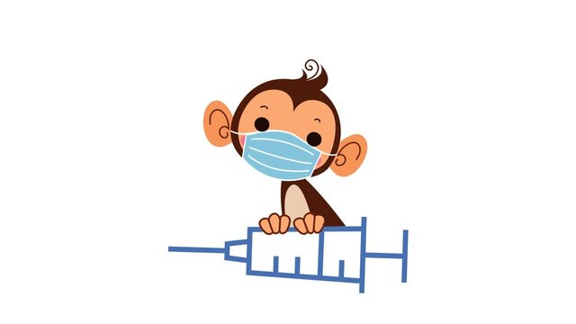 A masked monkey holds a syringe with a coronavirus vaccine and blinks. Vaccinations of newborns and schoolchildren. Cute monkey baby nurse. 4k cartoon animal character. 2d color animation for kids.