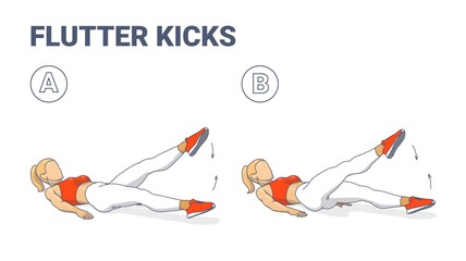 Girl Doing Flutter Kicks Exercise Fitness Home Workout Guidance Illustration. Vector concept.