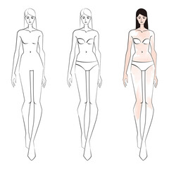 Three vector fashion sketch templates with walking slim young girl