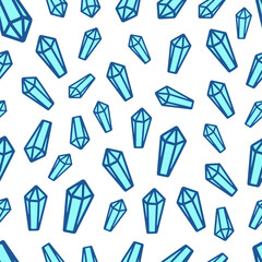 Diamond crystal gemstone mineral geometric abstract seamless pattern. Cartoon style. Blue stone accessory decoration isolated on white background.