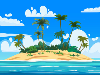 Fototapeta na wymiar Tropical Exotic Island, plants, palms, jungle, sea, ocean, clouds. Summer vacation resort. Vector Illustration
