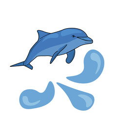 Dolphin in cartoon style, aquatic animal and drops of water for design