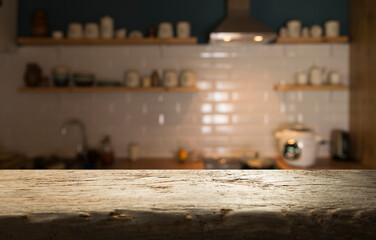 interior of kitchen in restaurant and napkin and desk space