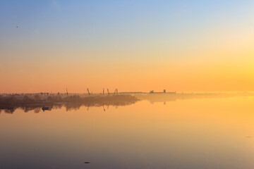 View of the Dnieper river at sunrise in Kremenchug, Ukraine