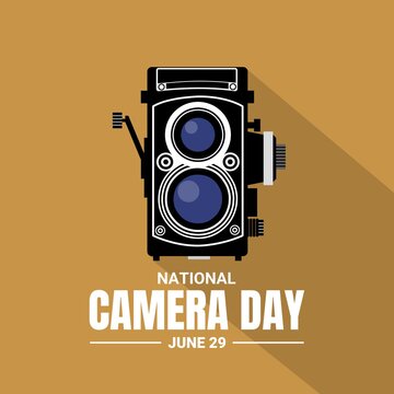 Vector illustration of flat style vintage camera with long shadow, as icon, background, poster, banner, print or national camera day template, observed every June 29th.