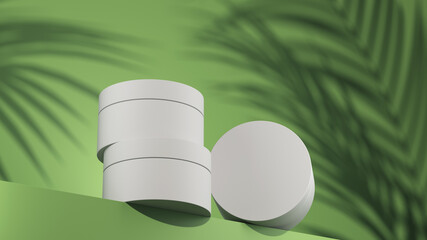 Concept stage a stage showcase with cosmetics on a green background. White bottles of the product, on the podium with shadows from the leaves. 3d render presentation.