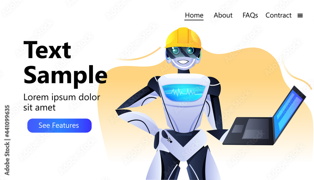 Poster robot engineer in helmet using laptop modern robotic character artificial intelligence concept