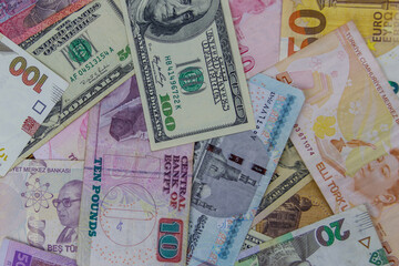 Multicurrency background of US dollars, euros, Turkish liras, Egyptian pounds and Ukrainian hryvnias