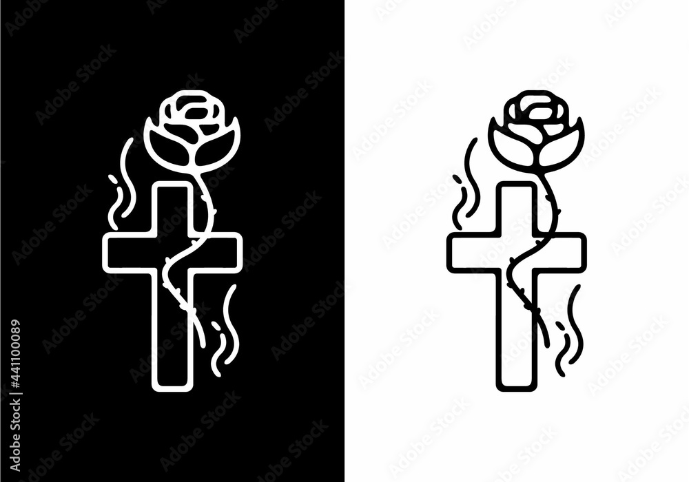 Wall mural cross with rose black and white line art