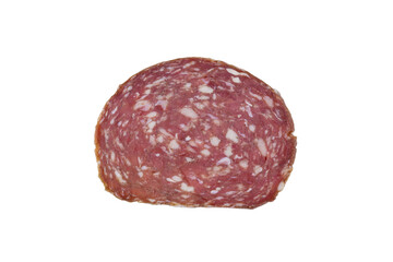 Slice of salami sausage isolated on white background