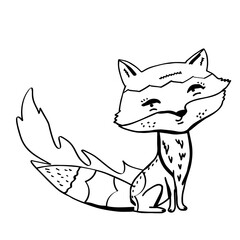 Contour linear illustration with animal for coloring book. Cute fox, anti stress picture. Line art design for adult or kids  in zentangle style and coloring page.