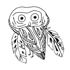 Contour linear illustration with bird for coloring book. Cute owl, anti stress picture. Line art design for adult or kids  in zentangle style and coloring page.