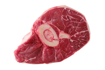 Overhead view of raw beef shank cross cut, ossobuco isolated on white