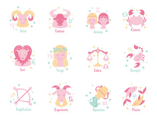 pastel color zodiac sign vector art パステルカラーのかわいい12星座セット